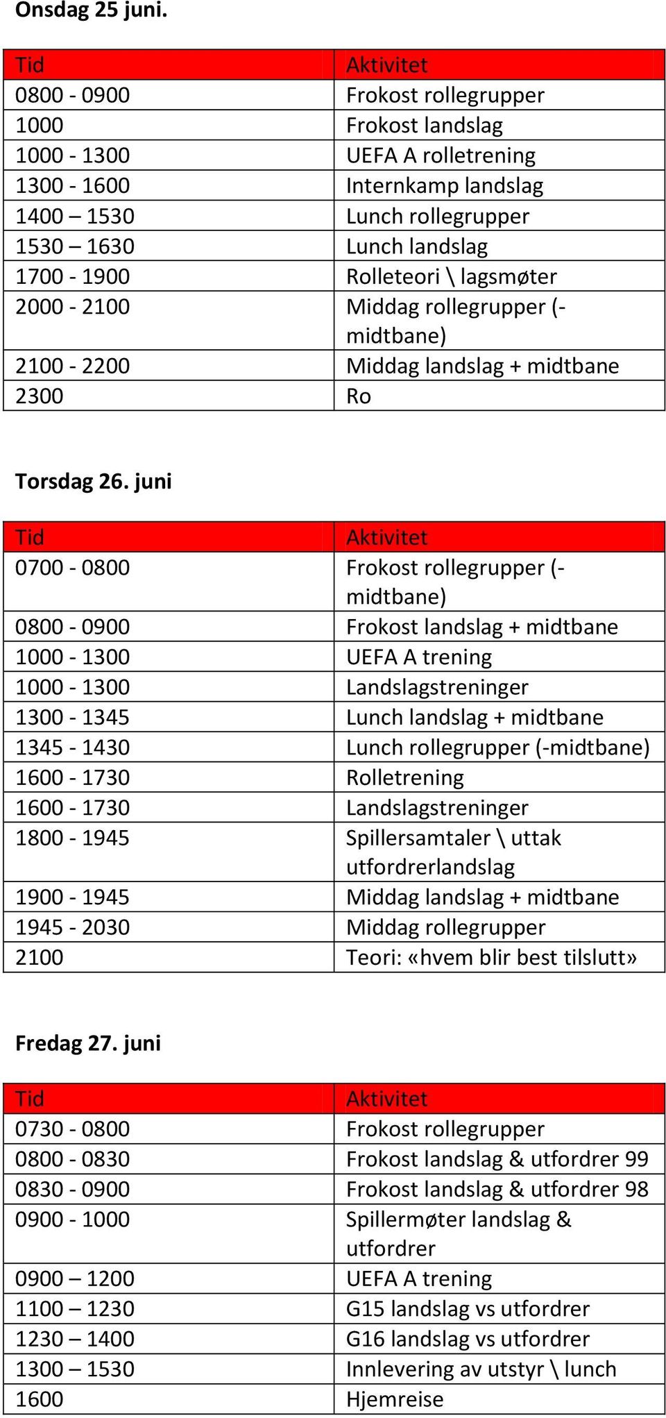 Rolleteori \ lagsmøter 2000-2100 Middag rollegrupper (- midtbane) 2100-2200 Middag landslag + midtbane 2300 Ro Torsdag 26.