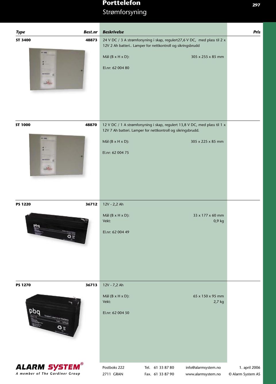 nr: 62 004 80 ST 1000 48870 12 V DC / 1 A strømforsyning i skap, regulert 13,8 V DC, med plass til 1 x 12V 7 Ah batteri.