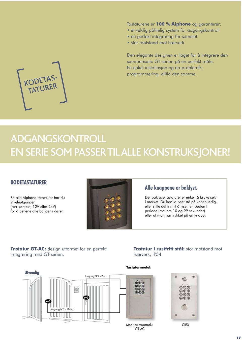 Kodetastaturer På alle Aiphone-tastaturer har du 2 reléutganger (tørr kontakt, 12V eller 24V) for å betjene alle boligens dører. Alle knappene er baklyst.