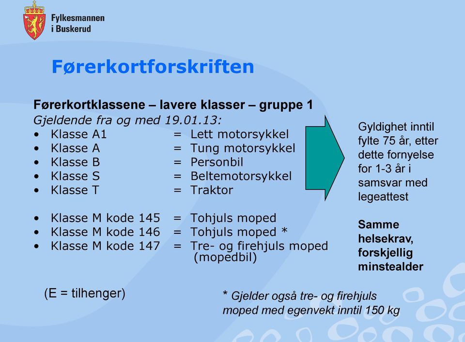 kode 145 = Tohjuls moped Klasse M kode 146 = Tohjuls moped * Klasse M kode 147 = Tre- og firehjuls moped (mopedbil) Gyldighet inntil fylte