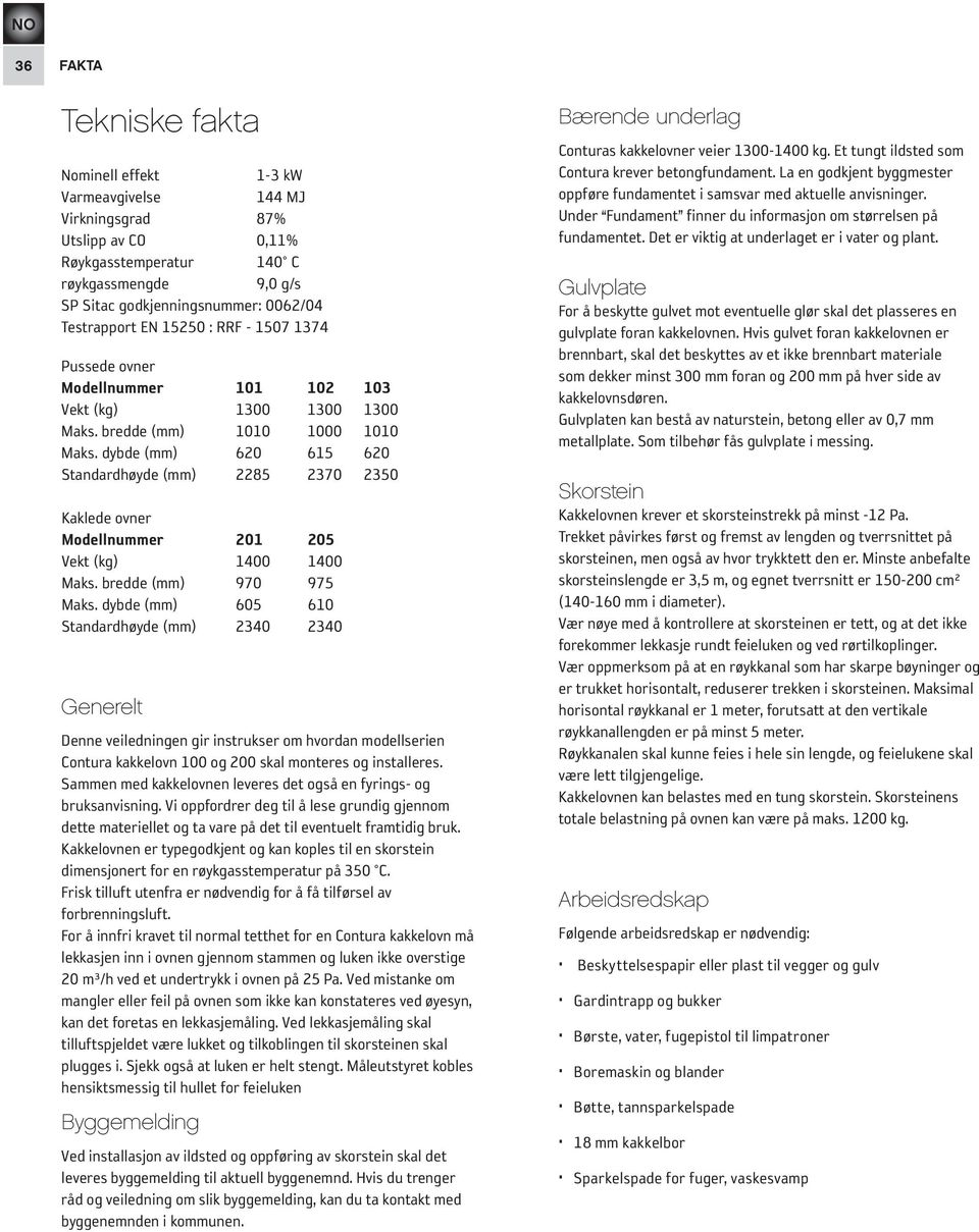 dybde (mm) 620 615 620 Standardhøyde (mm) 2285 2370 2350 Kaklede ovner Modellnummer 201 205 Vekt (kg) 1400 1400 Maks. bredde (mm) 970 975 Maks.