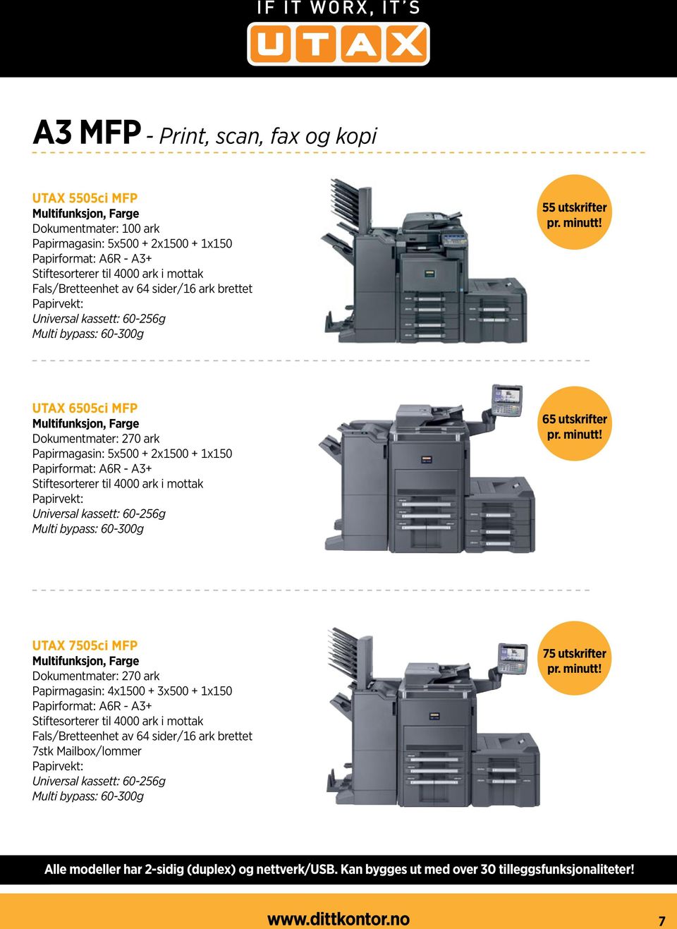 UTAX 6505ci MFP Multifunksjon, Farge Dokumentmater: 270 ark Papirmagasin: 5x500 + 2x1500 + 1x150 Papirformat: A6R - A3+ Stiftesorterer til 4000 ark i mottak Papirvekt: Universal kassett: 60-256g