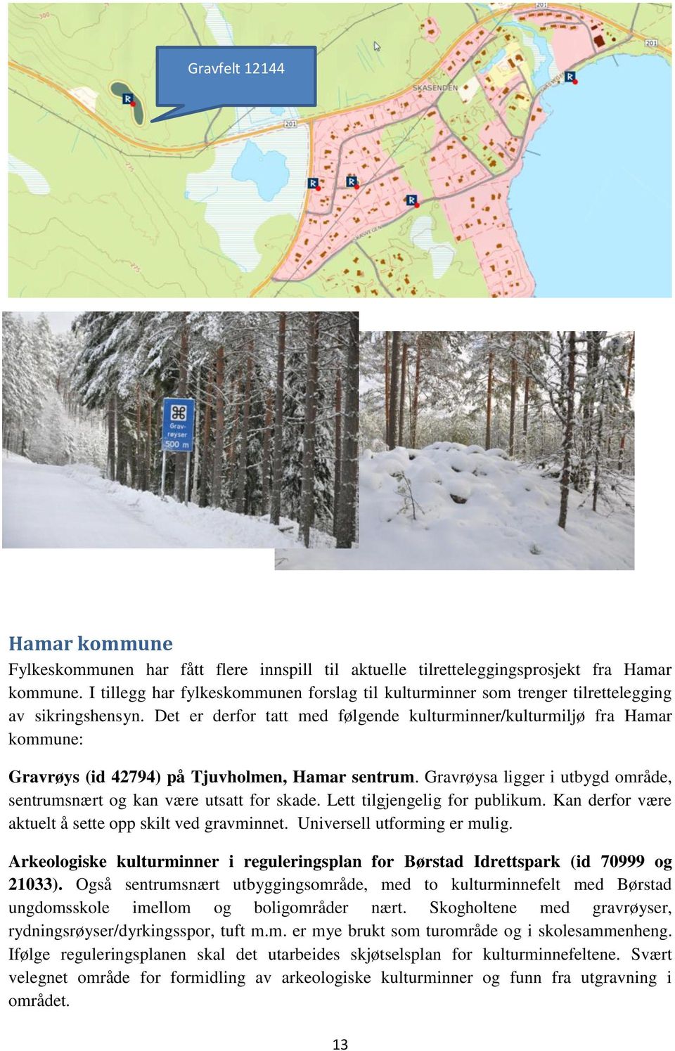 Det er derfor tatt med følgende kulturminner/kulturmiljø fra Hamar kommune: Gravrøys (id 42794) på Tjuvholmen, Hamar sentrum.