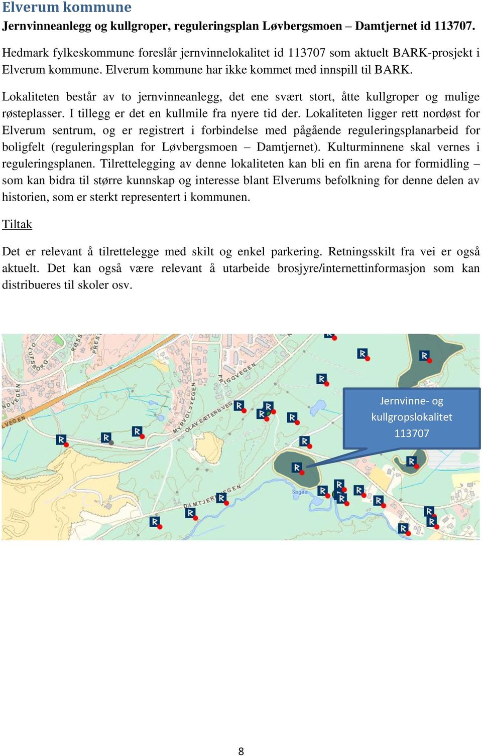 Lokaliteten består av to jernvinneanlegg, det ene svært stort, åtte kullgroper og mulige røsteplasser. I tillegg er det en kullmile fra nyere tid der.