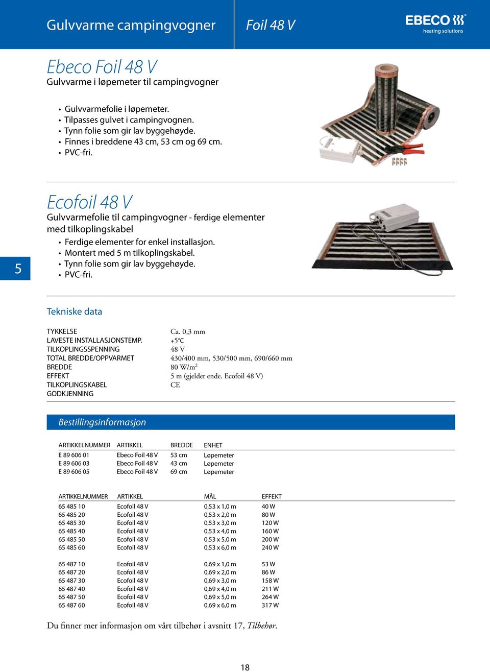 Montert med 5 m tilkoplingskabel. Tynn folie som gir lav byggehøyde. PVC-fri. TYKKELSE LAVESTE INSTALLASJONSTEMP. TILKOPLINGSSPENNING TOTAL BREDDE/OPPVARMET BREDDE TILKOPLINGSKABEL Ca.