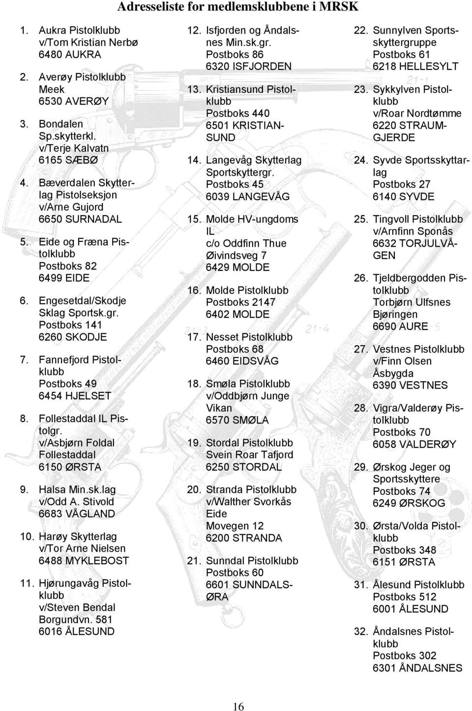 Fannefjord Pistolklubb Postboks 49 6454 HJELSET 8. Follestaddal IL Pistolgr. v/asbjørn Foldal Follestaddal 6150 ØRSTA 9. Halsa Min.sk.lag v/odd A. Stivold 6683 VÅGLAND 10.
