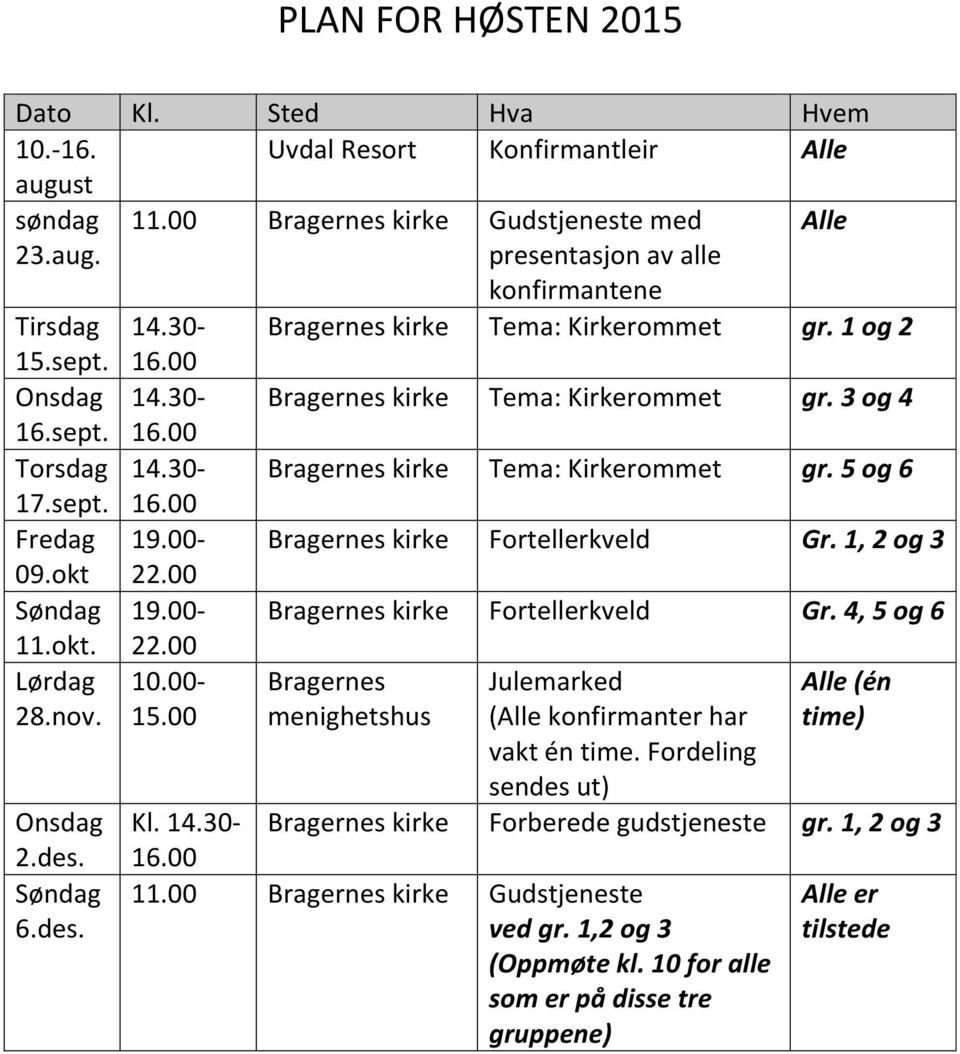 sept. 16.00 Fredag 19.00- Bragernes kirke Fortellerkveld Gr. 1, 2 og 3 09.okt 22.00 Søndag 19.00- Bragernes kirke Fortellerkveld Gr. 4, 5 og 6 11.okt. Lørdag 28.nov. Onsdag 2.des. Søndag 6.des. 22.00 10.