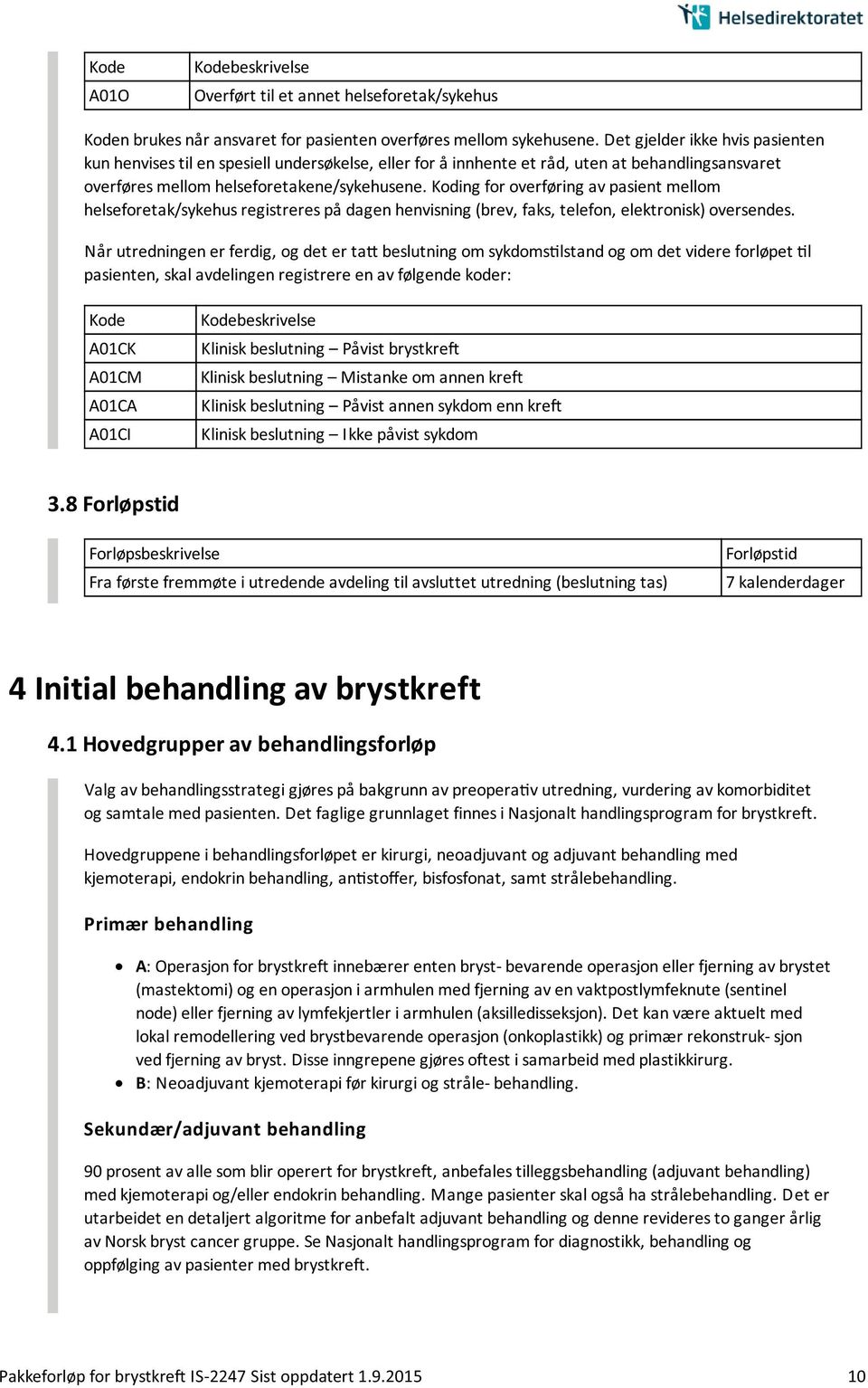 Koding for overføring av pasient mellom helseforetak/sykehus registreres på dagen henvisning (brev, faks, telefon, elektronisk) oversendes.