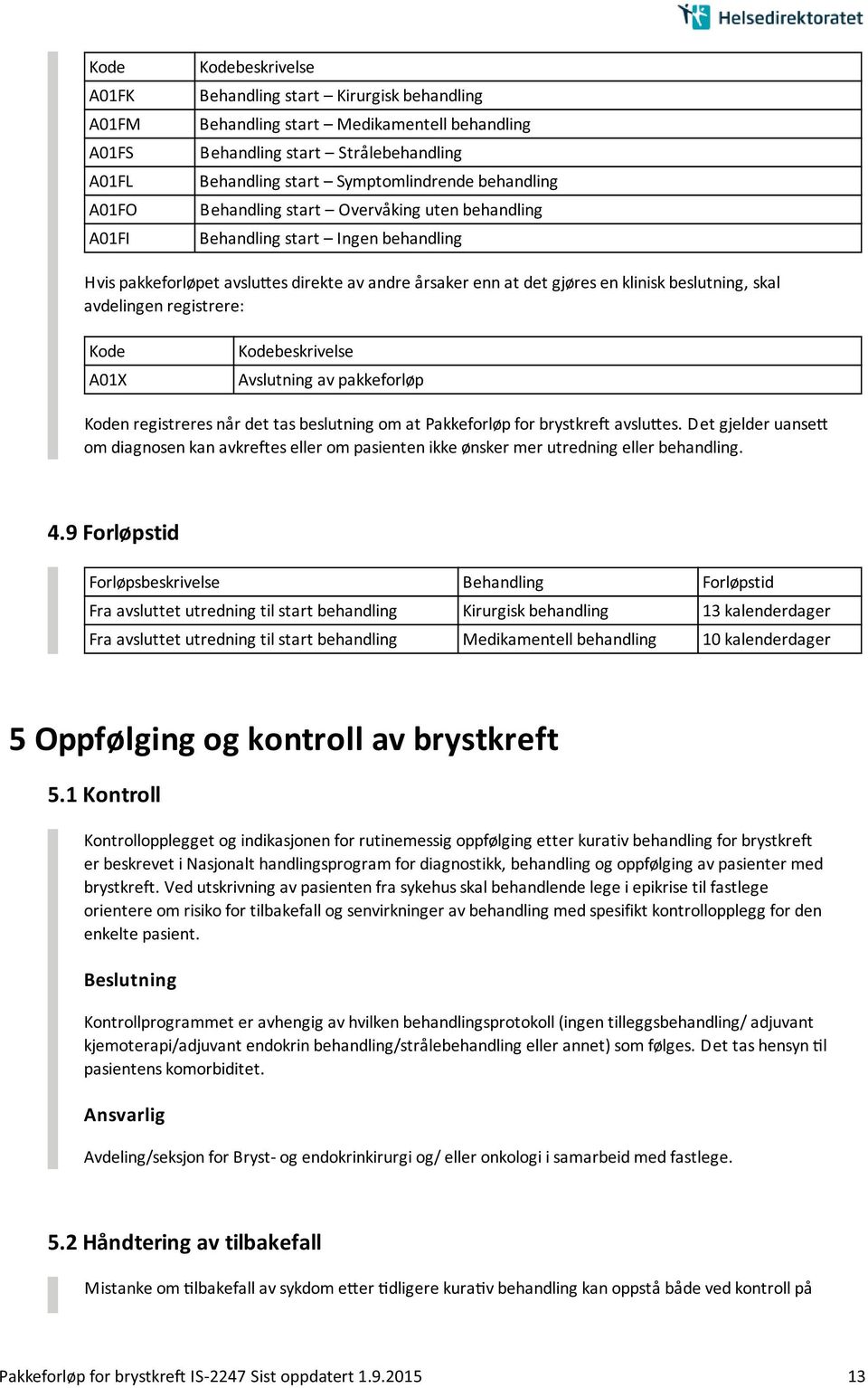 registrere: A01X Avslutning av pakkeforløp n registreres na r det tas beslutning om at Pakkeforløp for brystkre avslu es.