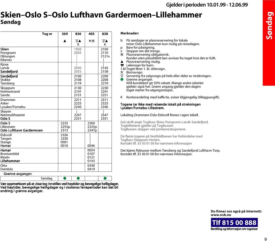 2158 Sandefjord 2100 2200 Stokke 2108 2208 Tønsberg 2119 2219 Skoppum 2130 2230 Holmestrand 2141 2241 Sande 2151 2251 Drammen 2211 2311 Asker 2225 2325 Lysaker/Fornebu 2240 2340 Skøyen