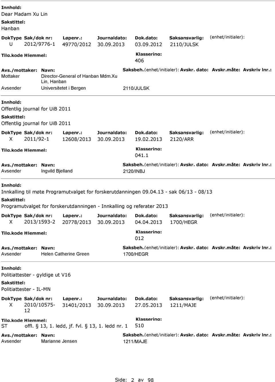 dato: Avskr.måte: Avskriv lnr.: ngvild Bjelland 2120/NBJ nnkalling til møte rogramutvalget for forskerutdanningen 09.04.