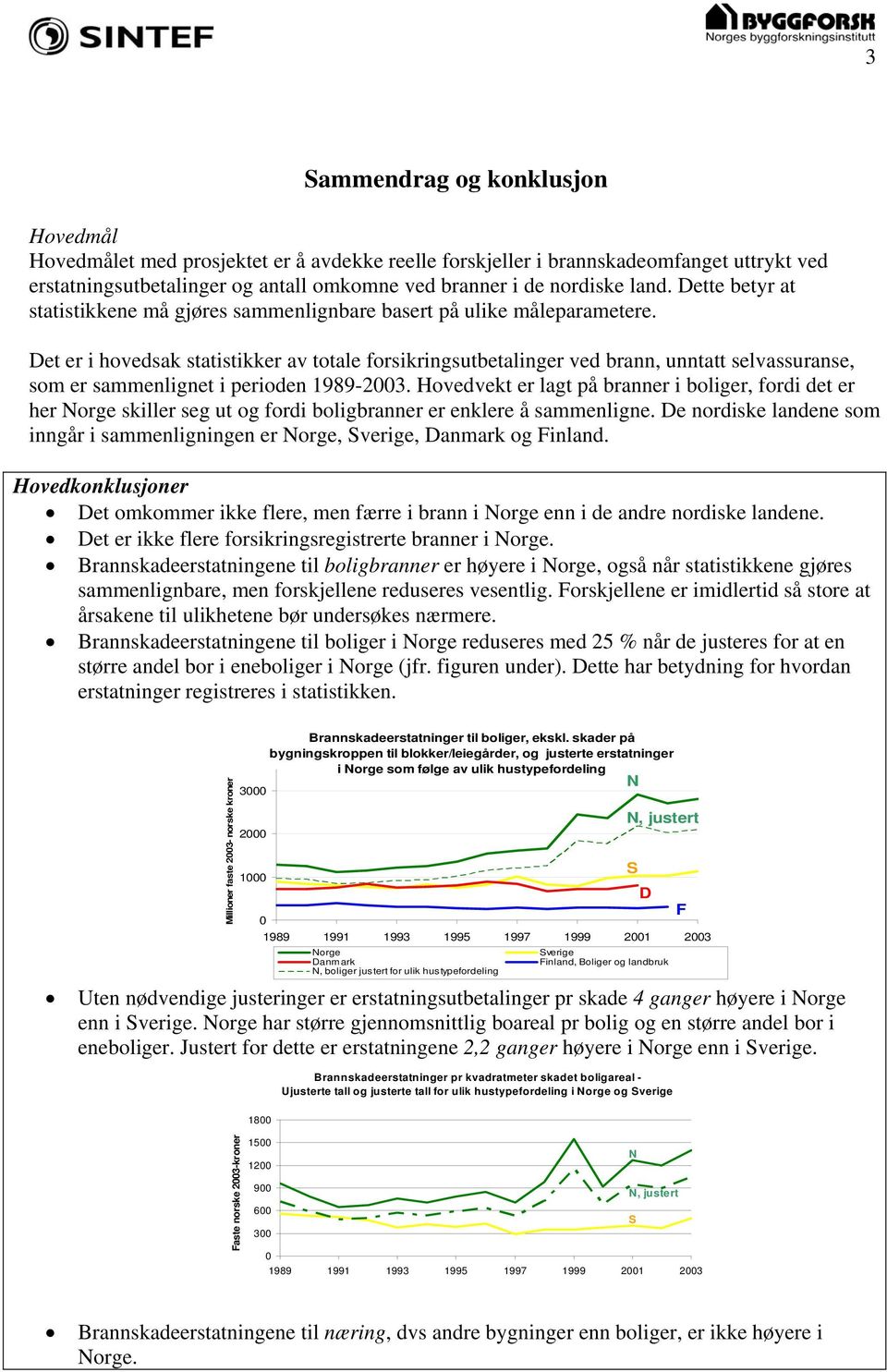 Det er i hovedsak statistikker av totale forsikringsutbetalinger ved brann, unntatt selvassuranse, som er sammenlignet i perioden 1989-2003.