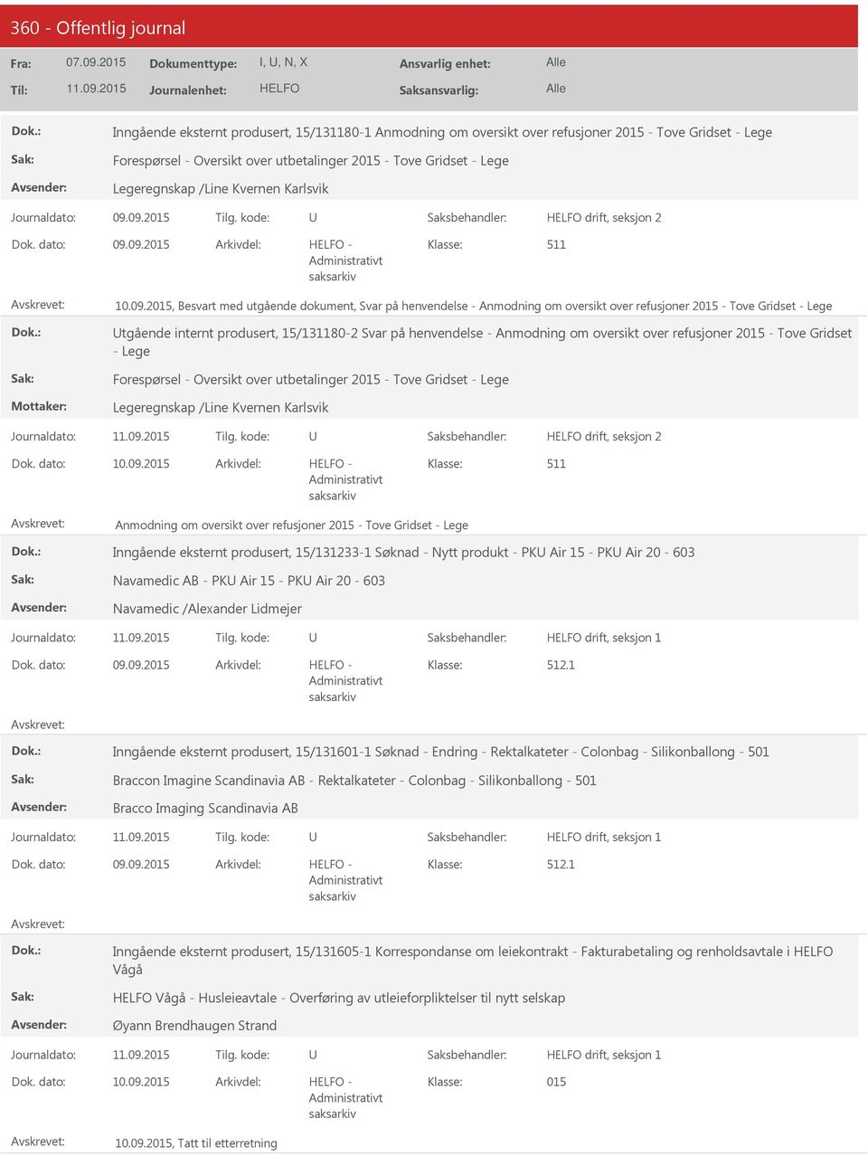 09.2015 10.09.2015, Besvart med utgående dokument, Svar på henvendelse - Anmodning om oversikt over refusjoner 2015 - Tove Gridset - Lege tgående internt produsert, 15/131180-2 Svar på henvendelse -