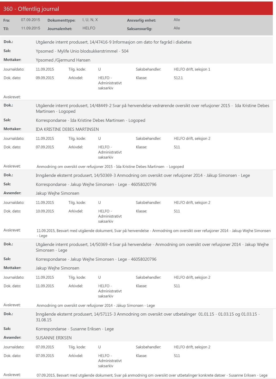 IDA KRISTINE DEBES MARTINSEN drift, seksjon 2 Anmodning om oversikt over refusjoner 2015 - Ida Kristine Debes Martinsen - Logoped Inngående eksternt produsert, 14/50369-3 Anmodning om oversikt over