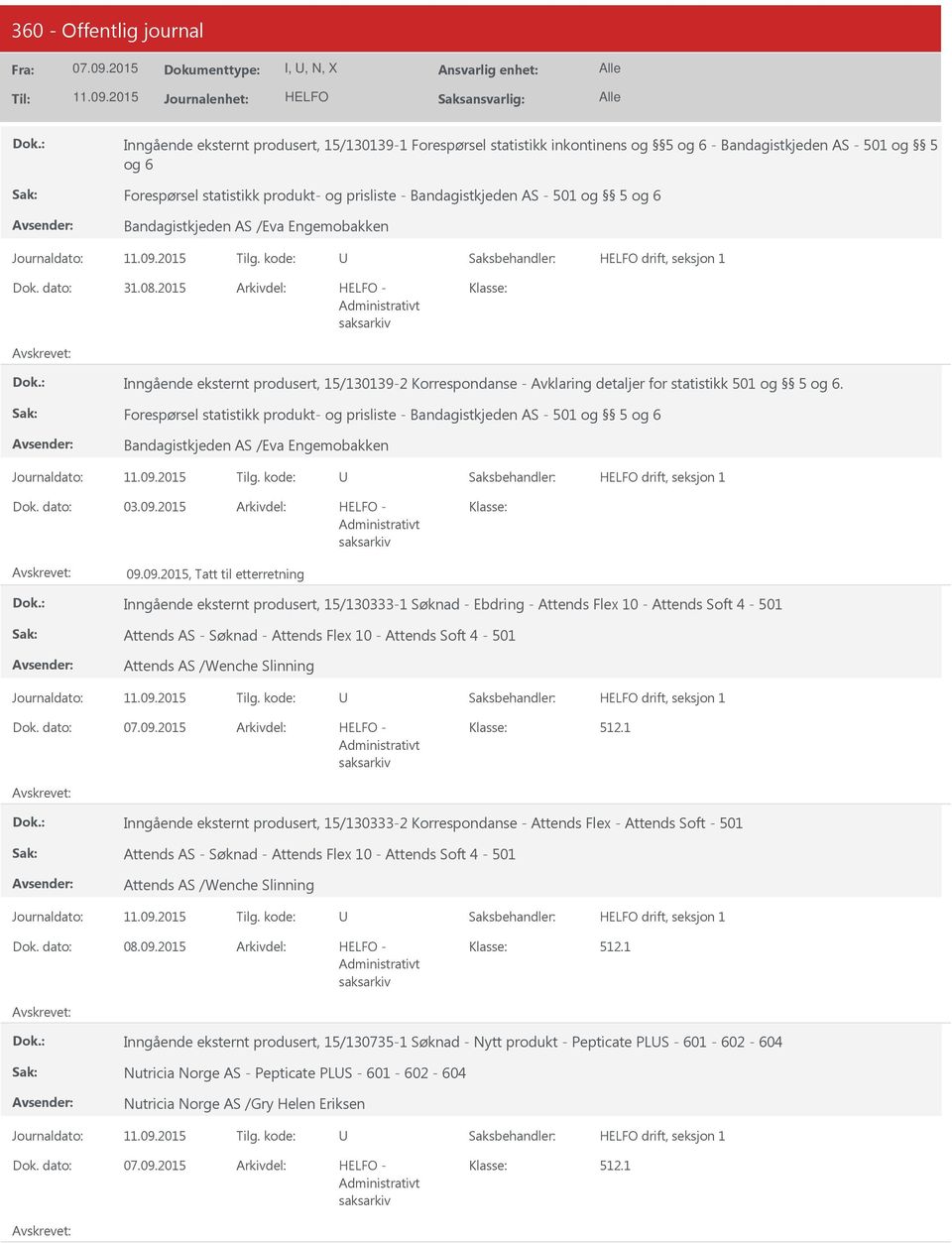 Forespørsel statistikk produkt- og prisliste - Bandagistkjeden AS - 501 og 5 og 6 Bandagistkjeden AS /Eva Engemobakken drift, seksjon 1 03.09.