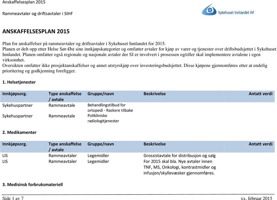 Planen omfatter også regionale og nasjonale avtaler der SI er involvert i prosessen og/eller skal implementere avtalene i egen virksomhet.