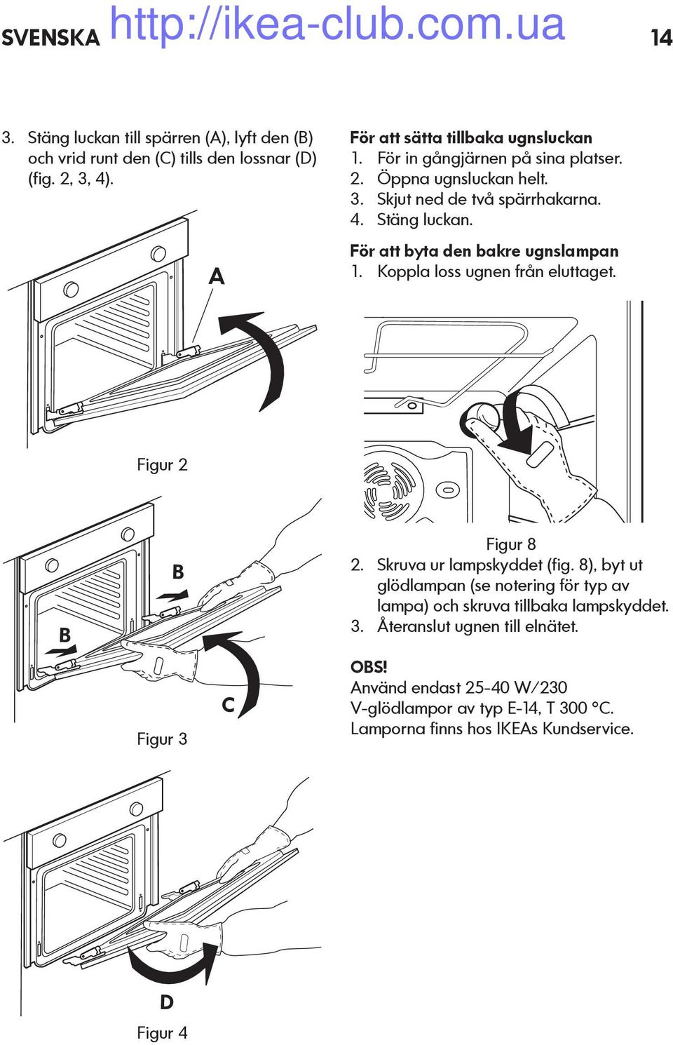 Koppla loss ugnen från eluttaget. Figur B B Figur 3 C Figur 8. Skruva ur lampskyddet (fig.