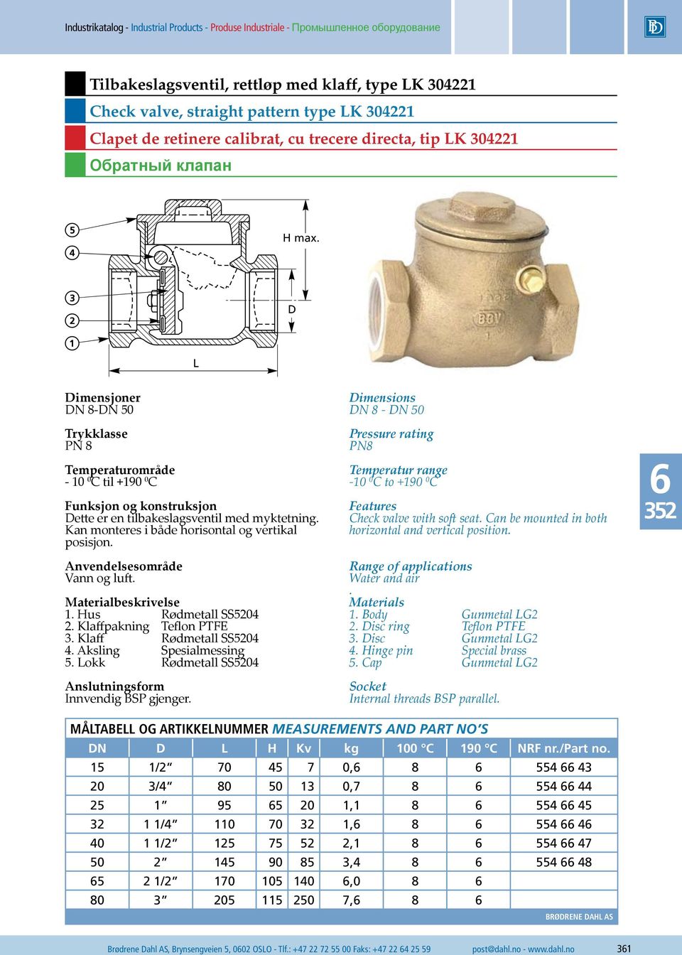 Klaffpakning Teflon PTFE 3. Klaff Rødmetall SS5204 4. Aksling Spesialmessing 5. Lokk Rødmetall SS5204 Innvendig BSP gjenger.