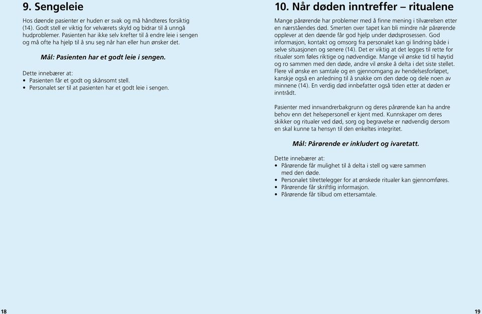 Pasienten får et godt og skånsomt stell. Personalet ser til at pasienten har et godt leie i sengen. 10.