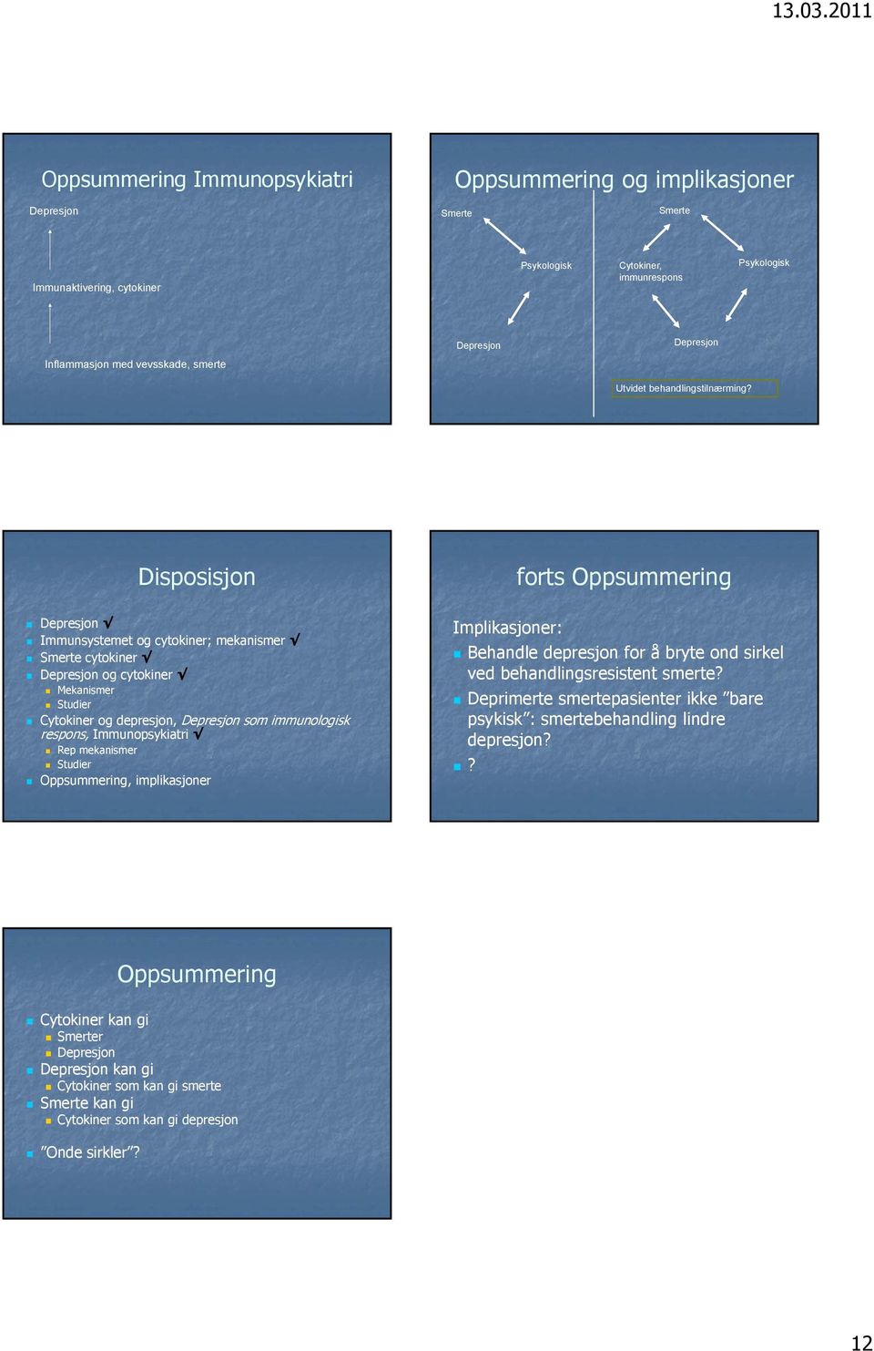 Disposisjon forts Oppsummering Depresjon Immunsystemet og cytokiner; mekanismer Smerte cytokiner Depresjon og cytokiner Mekanismer Cytokiner og depresjon, Depresjon som immunologisk respons,