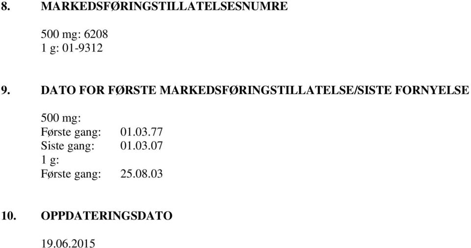 DATO FOR FØRSTE MARKEDSFØRINGSTILLATELSE/SISTE FORNYELSE