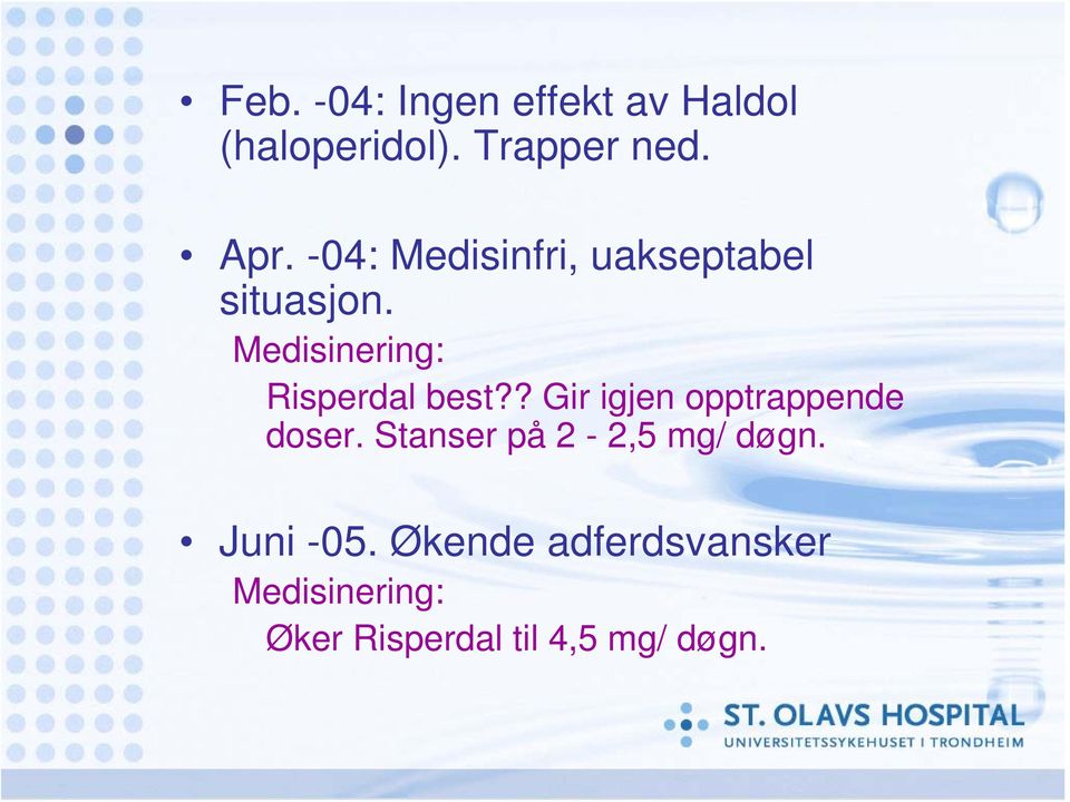 ? Gir igjen opptrappende doser. Stanser på 2-2,5 mg/ døgn.