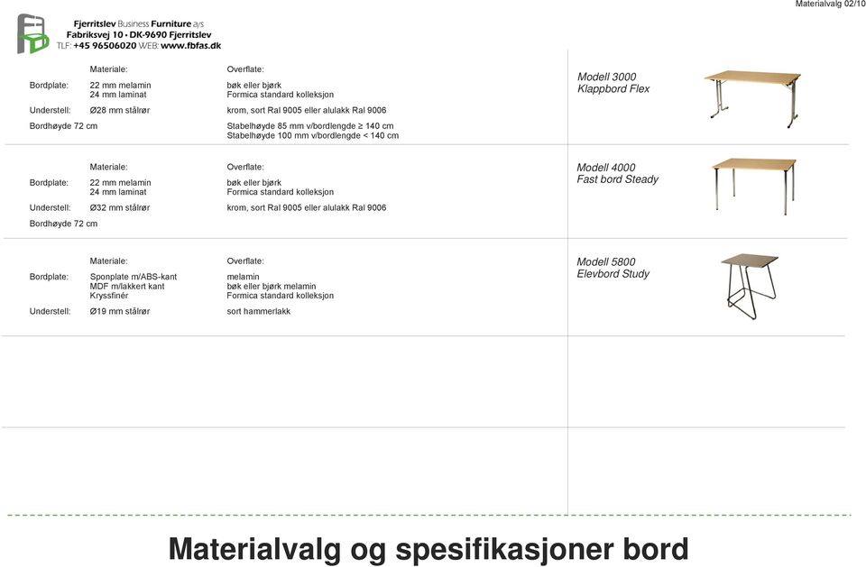 laminat Formica standard kolleksjon Understell: Ø32 mm stålrør krom, sort Ral 9005 eller alulakk Ral 9006 Bordhøyde 72 cm Modell 4000 Fast bord Steady Materiale: Overflate: Bordplate: Sponplate