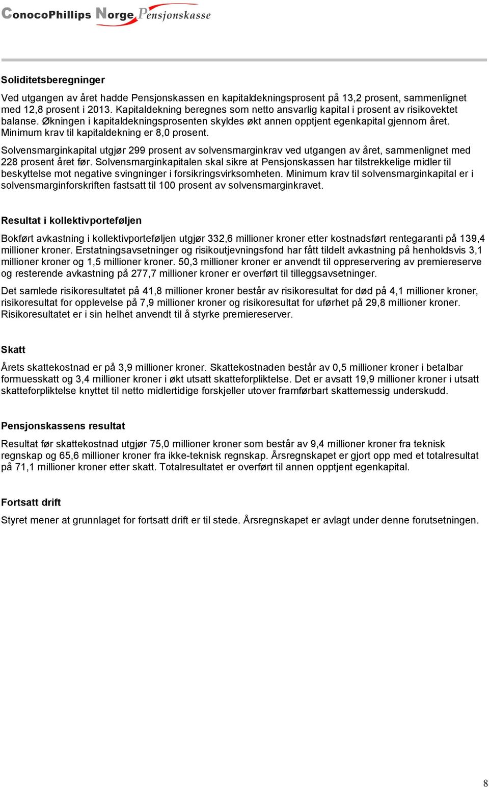 Minimum krav til kapitaldekning er 8,0 prosent. Solvensmarginkapital utgjør 299 prosent av solvensmarginkrav ved utgangen av året, sammenlignet med 228 prosent året før.