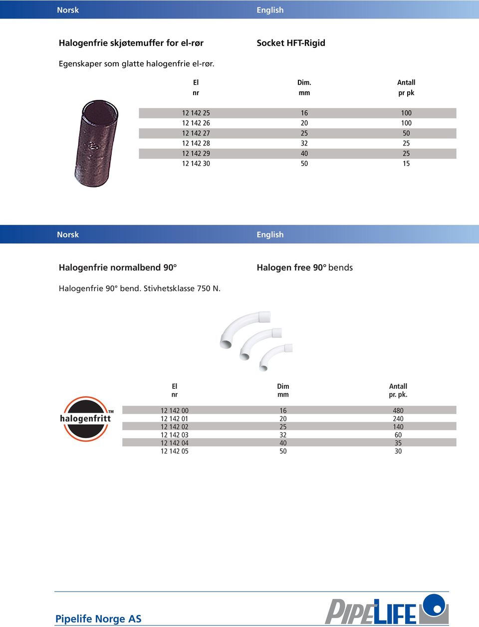 50 15 Halogenfrie normalbend 90 Halogen free 90 bends Halogenfrie 90 bend. Stivhetsklasse 750 N.