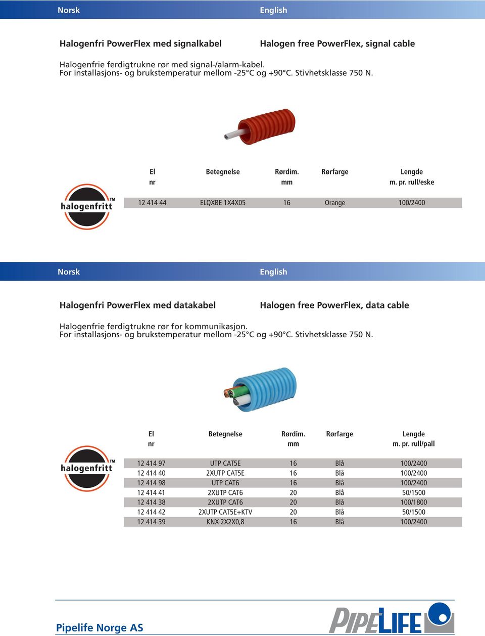 rull/eske 12 414 44 ELQXBE 1X4X05 Orange Halogenfri PowerFlex med datakabel Halogen free PowerFlex, data cable Halogenfrie ferdigtrukne rør for kommunikasjon.