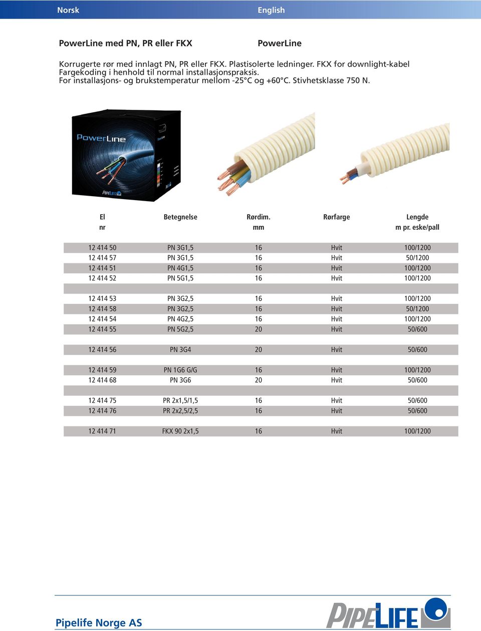 eske/pall 12 414 50 PN 3G1,5 Hvit 100/1200 12 414 57 PN 3G1,5 Hvit 50/1200 12 414 51 PN 4G1,5 Hvit 100/1200 12 414 52 PN 5G1,5 Hvit 100/1200 12 414 53 PN 3G2,5 Hvit 100/1200 12 414 58 PN 3G2,5 Hvit