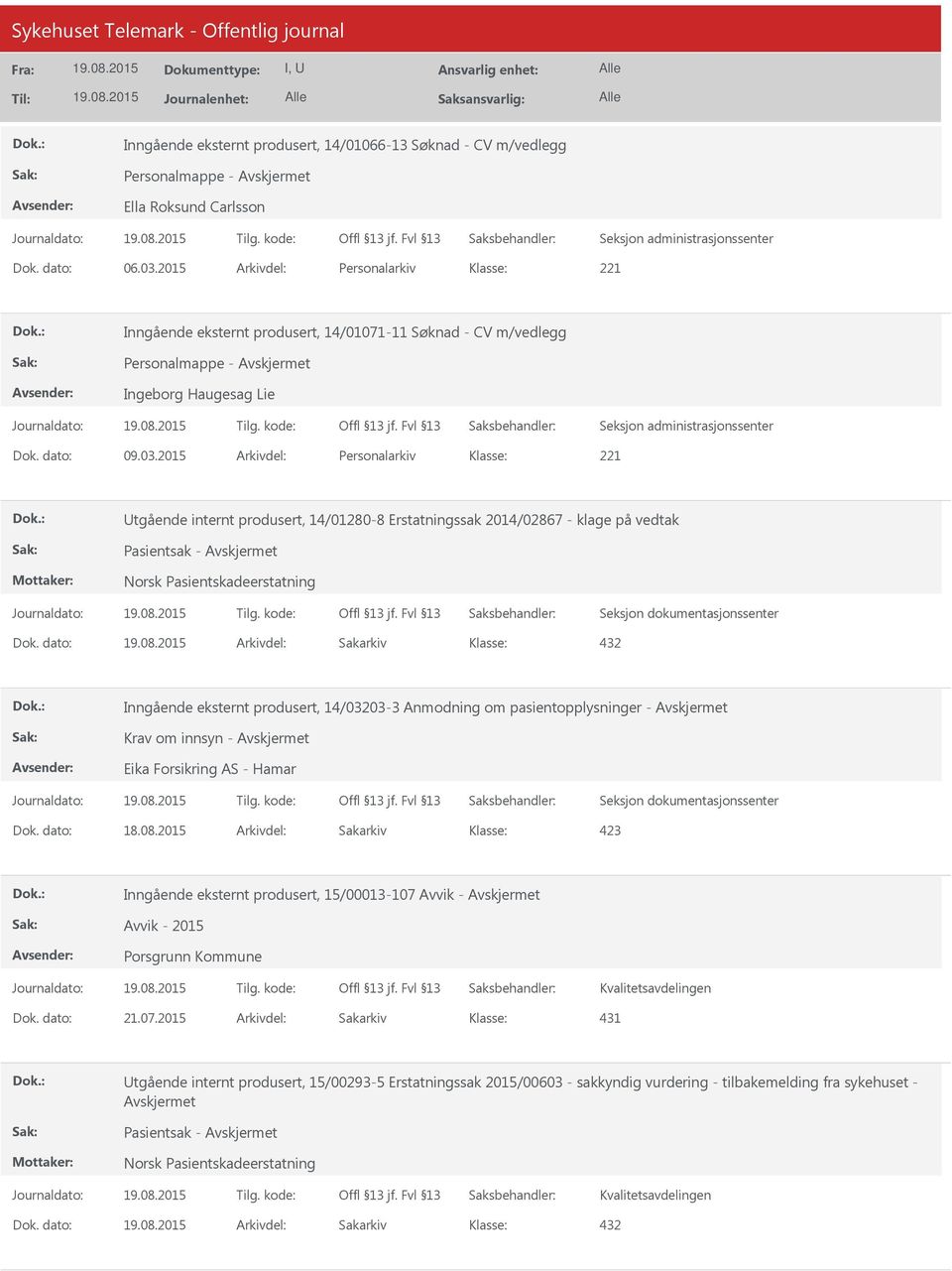 2015 Arkivdel: Personalarkiv Utgående internt produsert, 14/01280-8 Erstatningssak 2014/02867 - klage på vedtak Pasientsak - Dok.
