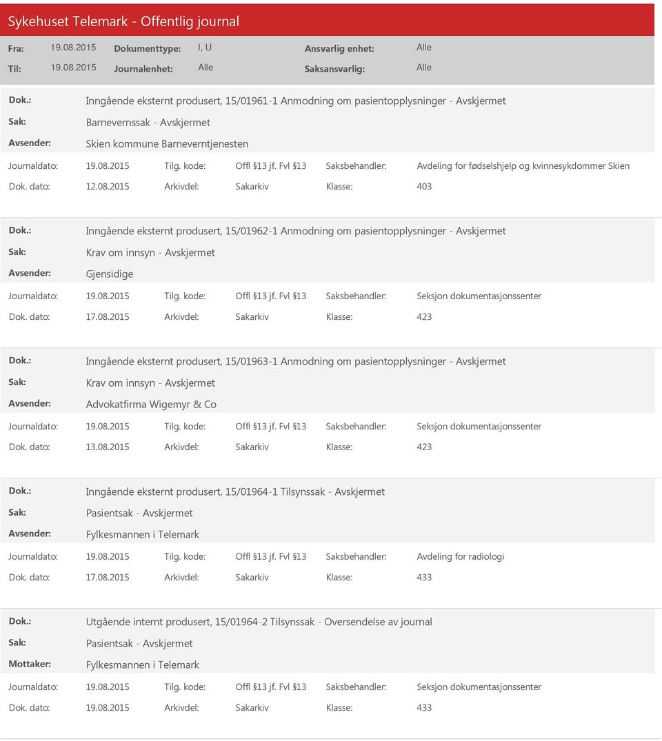2015 Arkivdel: Sakarkiv 403 Inngående eksternt produsert, 15/01962-1 Anmodning om pasientopplysninger - Krav om innsyn - Gjensidige Inngående eksternt produsert, 15/01963-1 Anmodning om