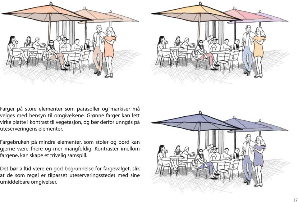 Fargebruken på mindre elementer, som stoler og bord kan gjerne være friere og mer mangfoldig.