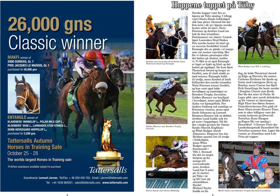 , purchased for 3,200 gns Tattersalls Autumn Horses in Training Sale October 25-28 The worlds largest Horses in Training sale Airfare assistance available subject to purchase Scandinavia: Lennart