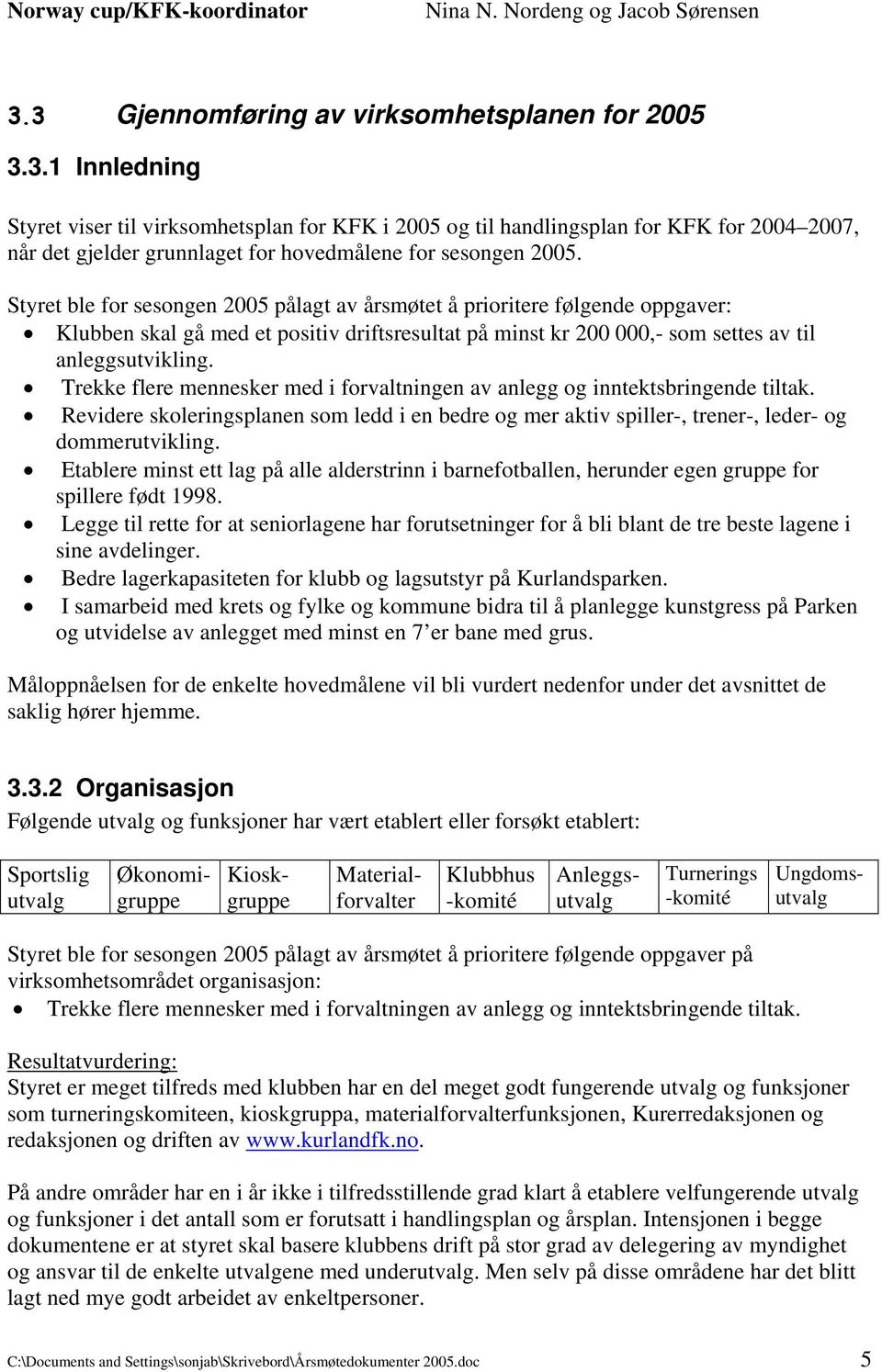 Styret ble for sesongen 2005 pålagt av årsmøtet å prioritere følgende oppgaver: Klubben skal gå med et positiv driftsresultat på minst kr 200 000,- som settes av til anleggsutvikling.