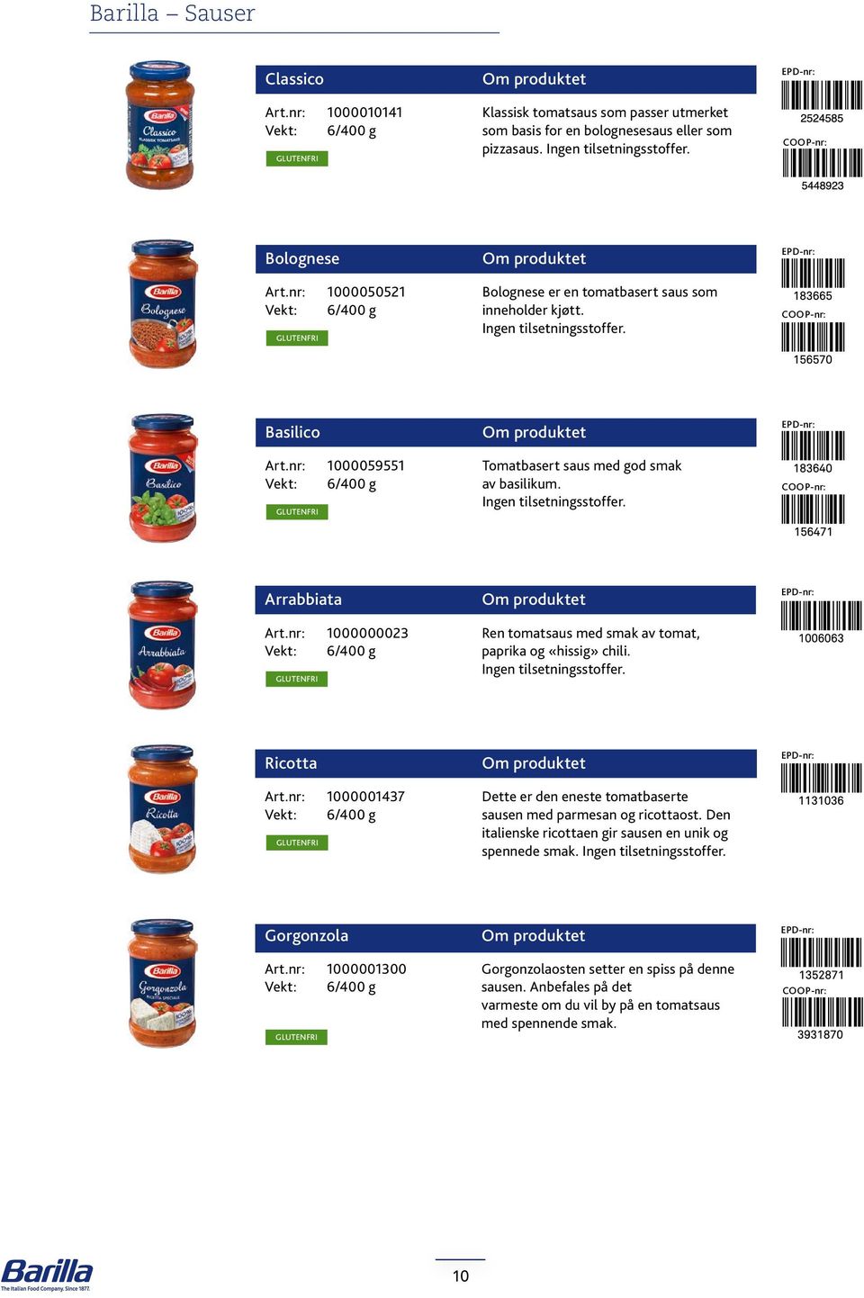 nr: 1000059551 Vekt: 6/400 g Glutenfri Tomatbasert saus med god smak av basilikum. Ingen tilsetningsstoffer. Arrabbiata Art.