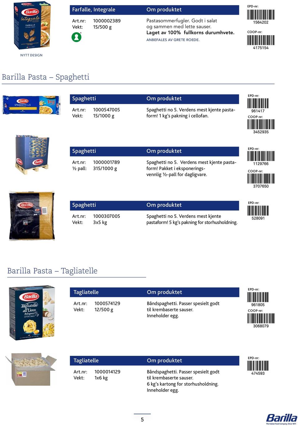 Spaghetti Art.nr: 1000307005 Vekt: 3x5 kg Spaghetti no 5. Verdens mest kjente pastaform! 5 kg s pakning for storhusholdning. Barilla Pasta Tagliatelle Tagliatelle Art.
