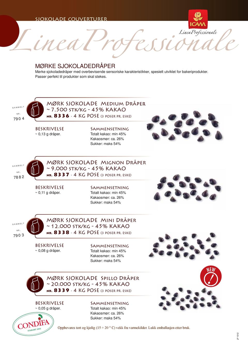 26% Sukker: maks 54% GAMMELT NR.. 7882 MØRK SJOKOLADE Mignon Dråper ~ 9.000 stk/kg - 45% KAKAO nr. 8337 4 KG POSE (3 POSER PR. ESKE) BESKRIVELSE ~ 0,11 g dråper. Totalt kakao: min 45% Kakaosmør: ca.