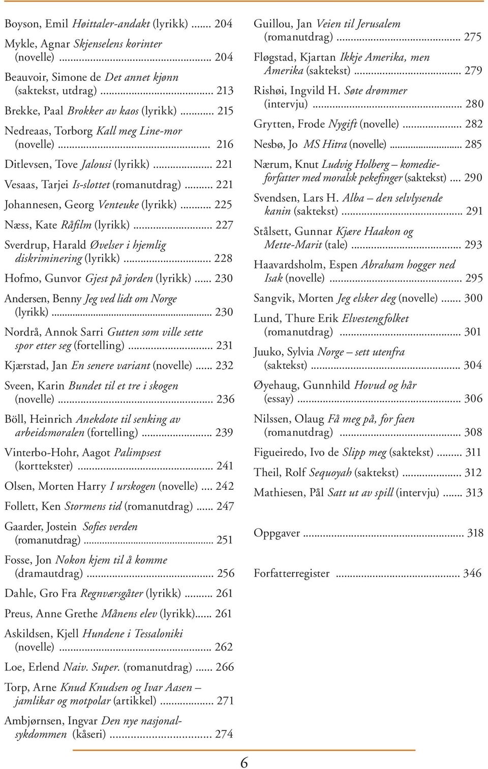 .. 225 Næss, Kate Råfi lm (lyrikk)... 227 Sverdrup, Harald Øvelser i hjemlig diskriminering (lyrikk)... 228 Hofmo, Gunvor Gjest på jorden (lyrikk)... 230 Andersen, Benny Jeg ved lidt om Norge (lyrikk).