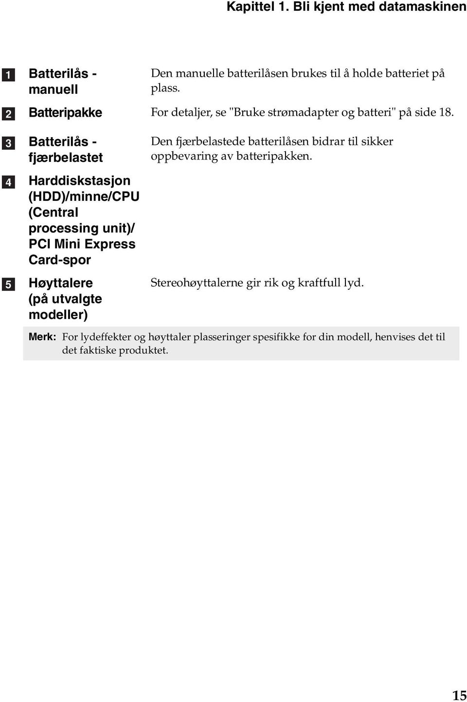 Batterilås - fjærbelastet Harddiskstasjon (HDD)/minne/CPU (Central processing unit)/ PCI Mini Express Card-spor Høyttalere (på utvalgte modeller)