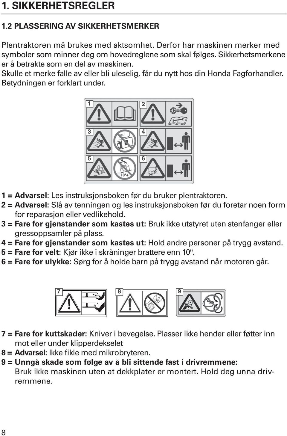 1 2 1 3 3 5 5 2 4 4 6 6 1 = Advarsel: Les instruksjonsboken før du bruker plentraktoren.