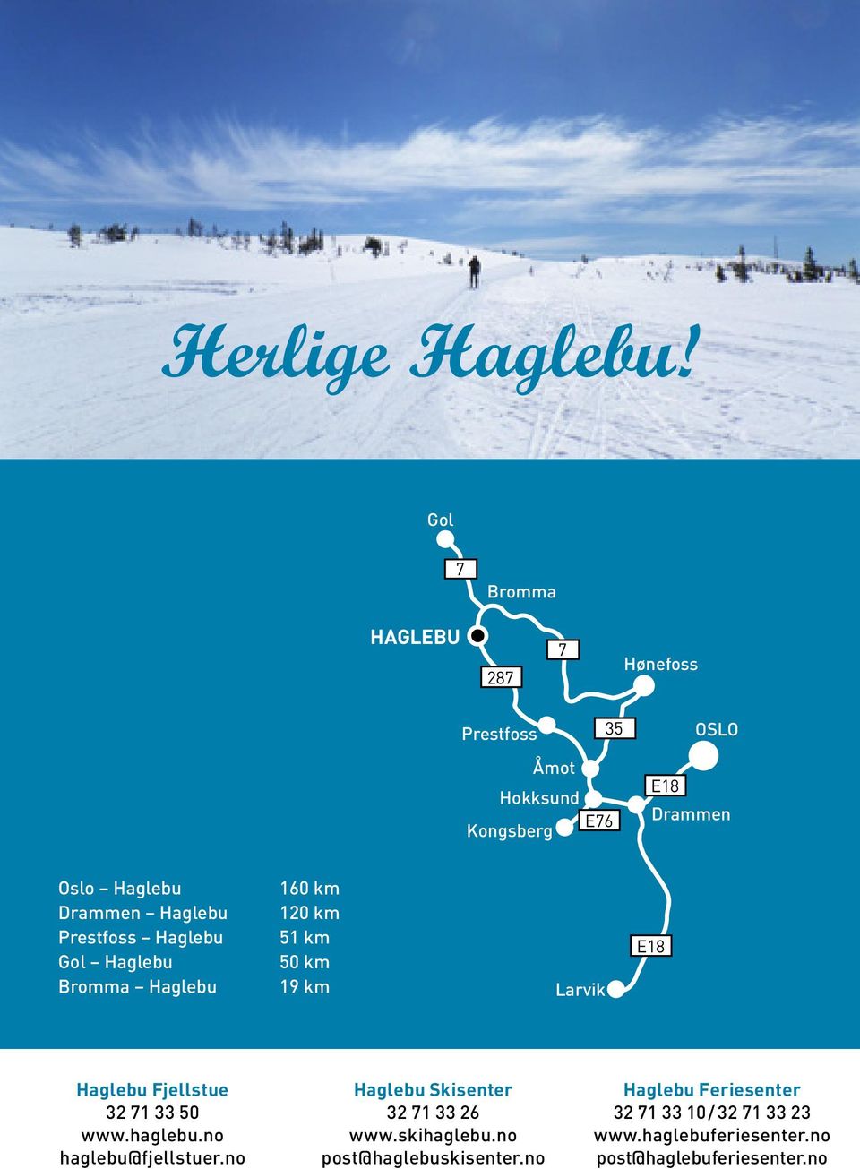 Drammen Haglebu Prestfoss Haglebu Gol Haglebu Bromma Haglebu 160 km 120 km 51 km 50 km 19 km Larvik E18 32 71
