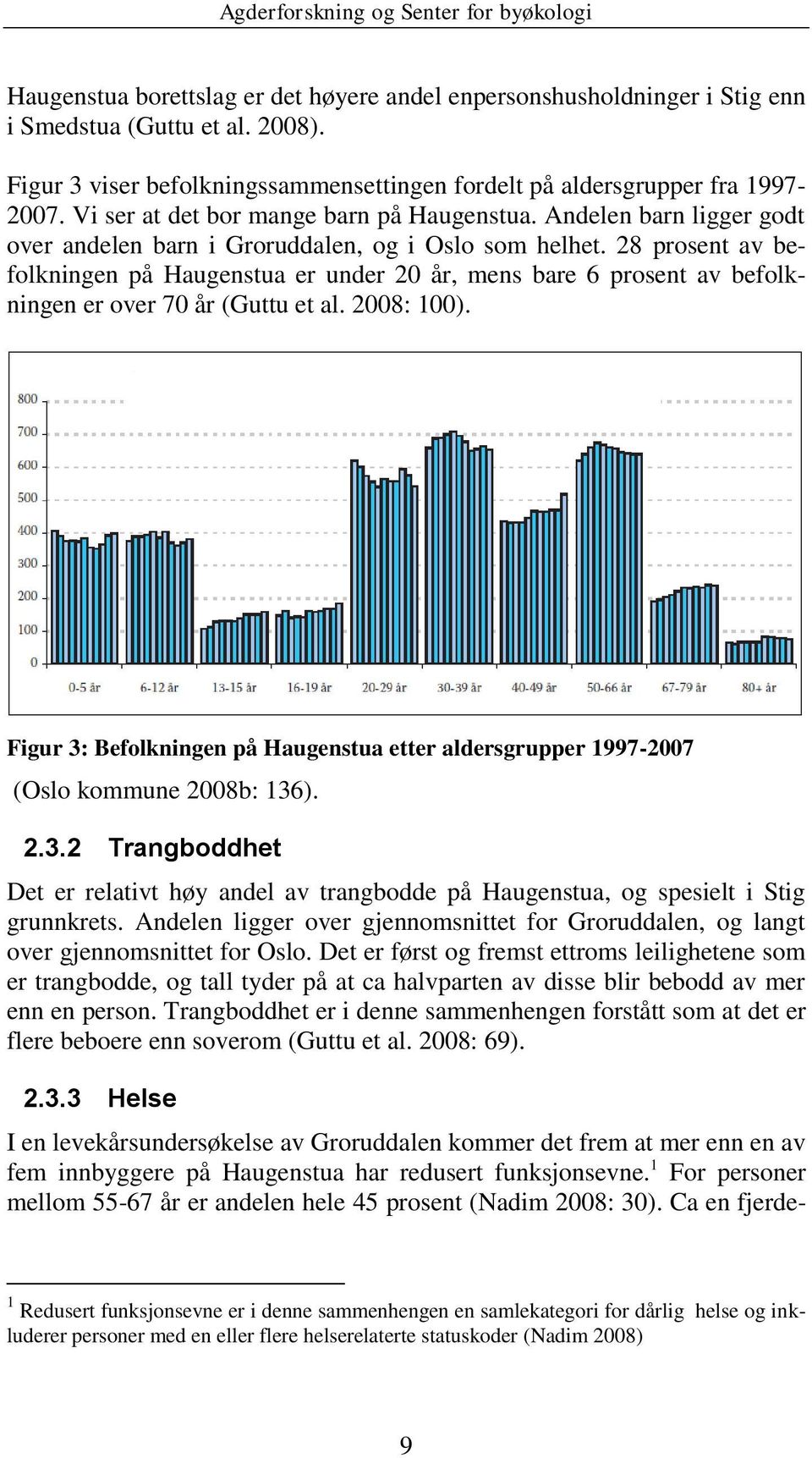 28 prosent av befolkningen på Haugenstua er under 20 år, mens bare 6 prosent av befolkningen er over 70 år (Guttu et al. 2008: 100).