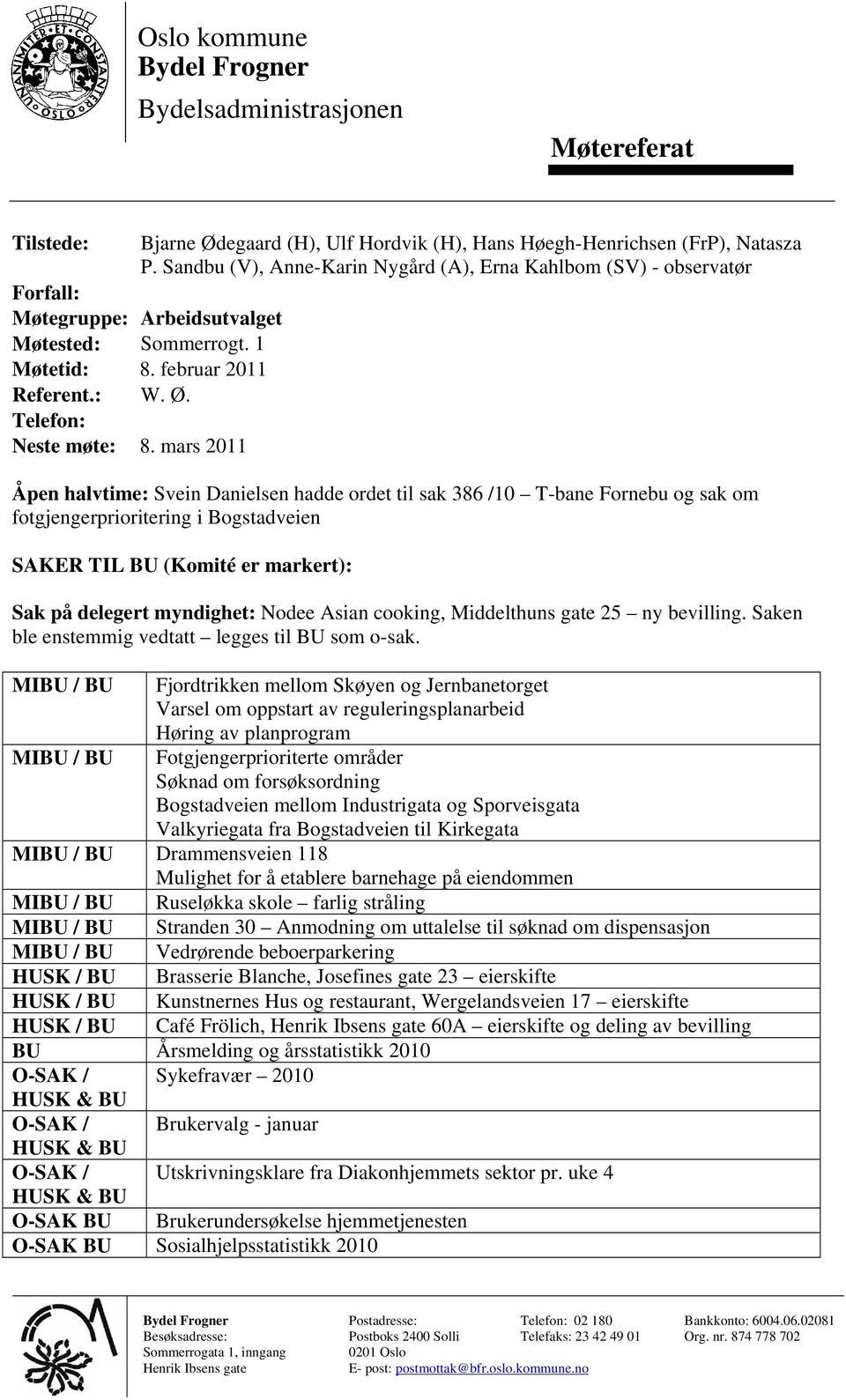 mars 2011 Åpen halvtime: Svein Danielsen hadde ordet til sak 386 /10 T-bane Fornebu og sak om fotgjengerprioritering i Bogstadveien SAKER TIL BU (Komité er markert): Sak på delegert myndighet: Nodee