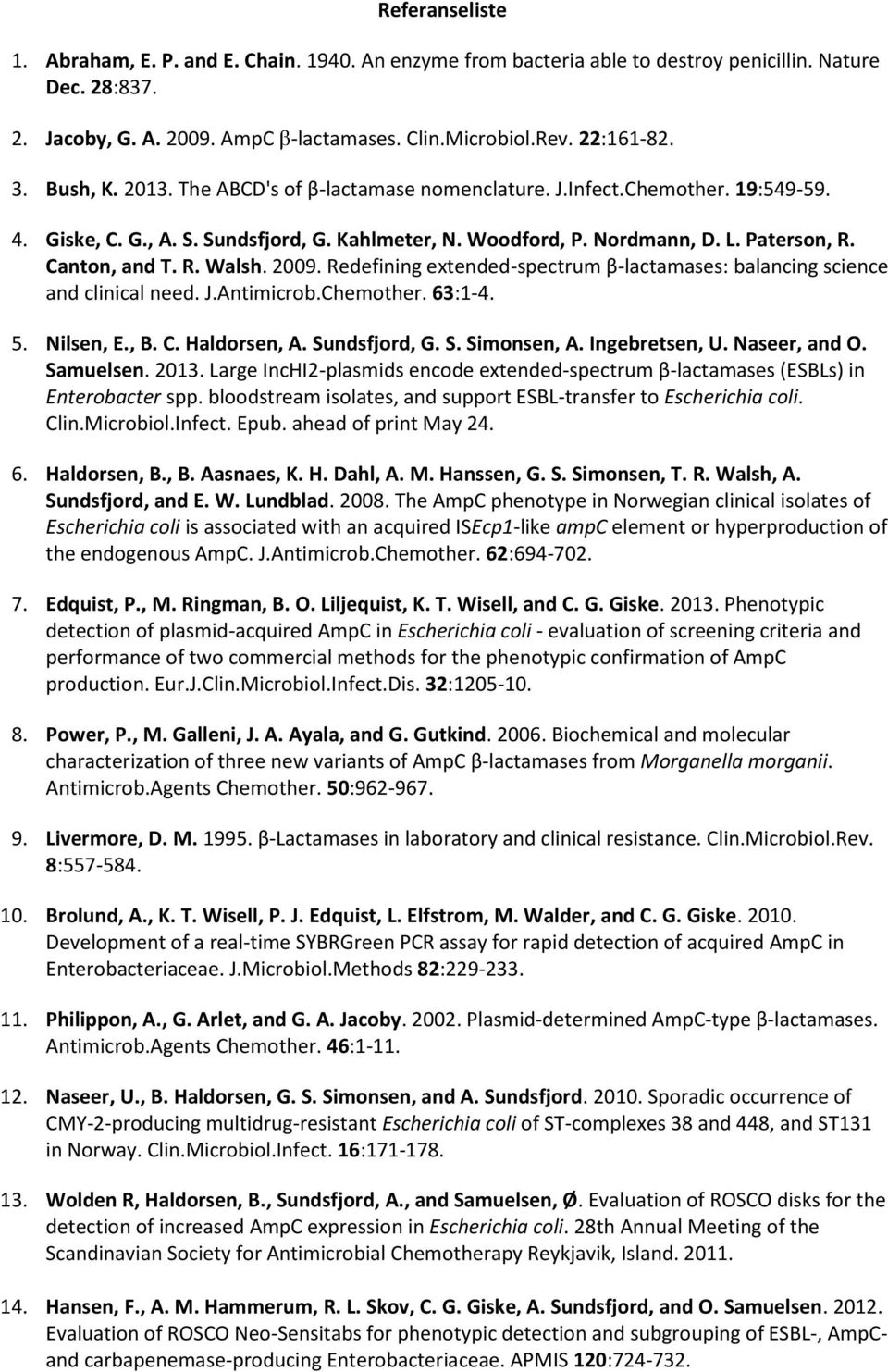 29. Redefining extended-spectrum β-lactamases: balancing science and clinical need. J.Antimicrob.Chemother. 63:1-4. 5. Nilsen, E., B. C. Haldorsen, A. Sundsfjord, G. S. Simonsen, A. Ingebretsen, U.