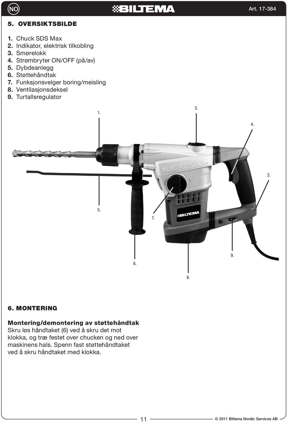 Støttehåndtak 7. Funksjonsvelger boring/meisling 8. Ventilasjonsdeksel 9. Turtallsregulator 1. 3. 4. 2. 5. 7. 6.