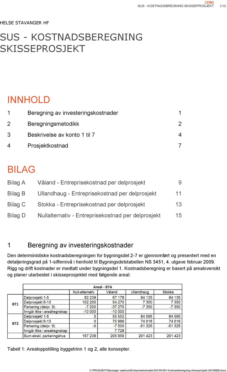 per delprosjekt 15 1 Beregning av investeringskostnader Den deterministiske kostnadsberegningen for bygningsdel 2-7 er gjennomført og presentert med en detaljeringsgrad på 1-siffernivå i henhold til