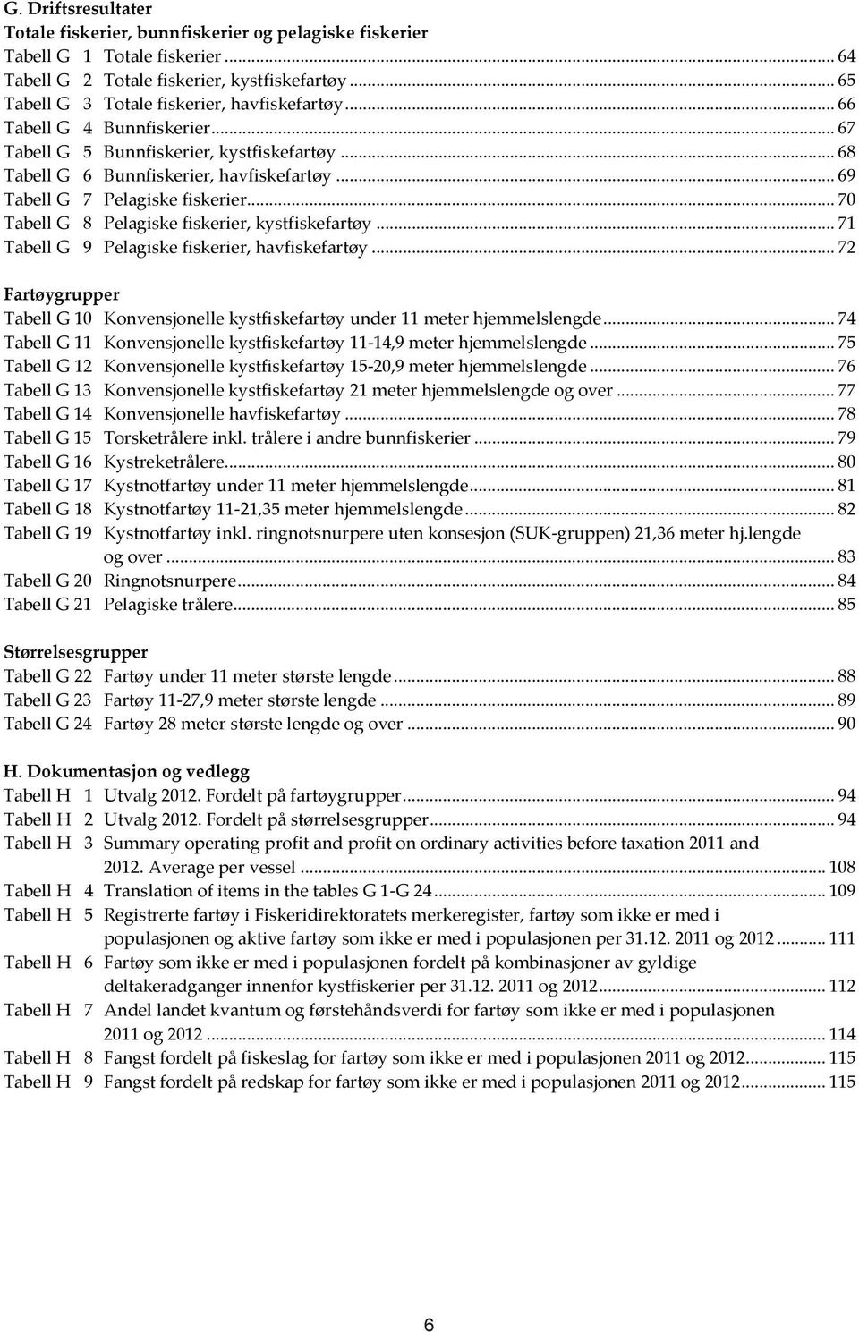 .. 69 Tabell G 7 Pelagiske fiskerier... 70 Tabell G 8 Pelagiske fiskerier, kystfiskefartøy... 71 Tabell G 9 Pelagiske fiskerier, havfiskefartøy.