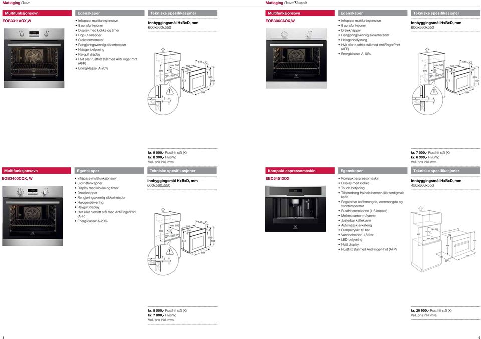 Halogenbelysning Hvit eller rustfritt stål med AntiFingerPrint (AFP) Energiklasse: A-10% 600x560x550 kr. 9 000,- Rustfritt stål (X) kr. 8 300,- Hvit (W) kr. 7 000,- Rustfritt stål (X) kr.